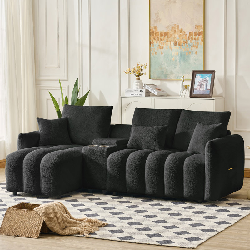 Canapé modulaire 91,7 po en tissu de première qualité, canapé modulaire Cloud avec console, chargeur USB, porte-gobelet, mobilier de rangement intérieur pour le salon, appartement, noir