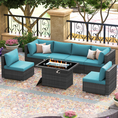 7-Piece Outdoor Furniture Set with Fire Pit Patio Wicker Conversation Set Cushions