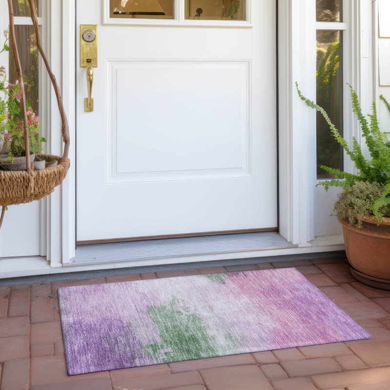 Lilac and Green Washable Synthetic Indoor/Outdoor Rug