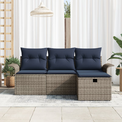 Ensemble de canapé de jardin vidaXL avec coussin 4 pièces en rotin de polyester gris et bleu marine