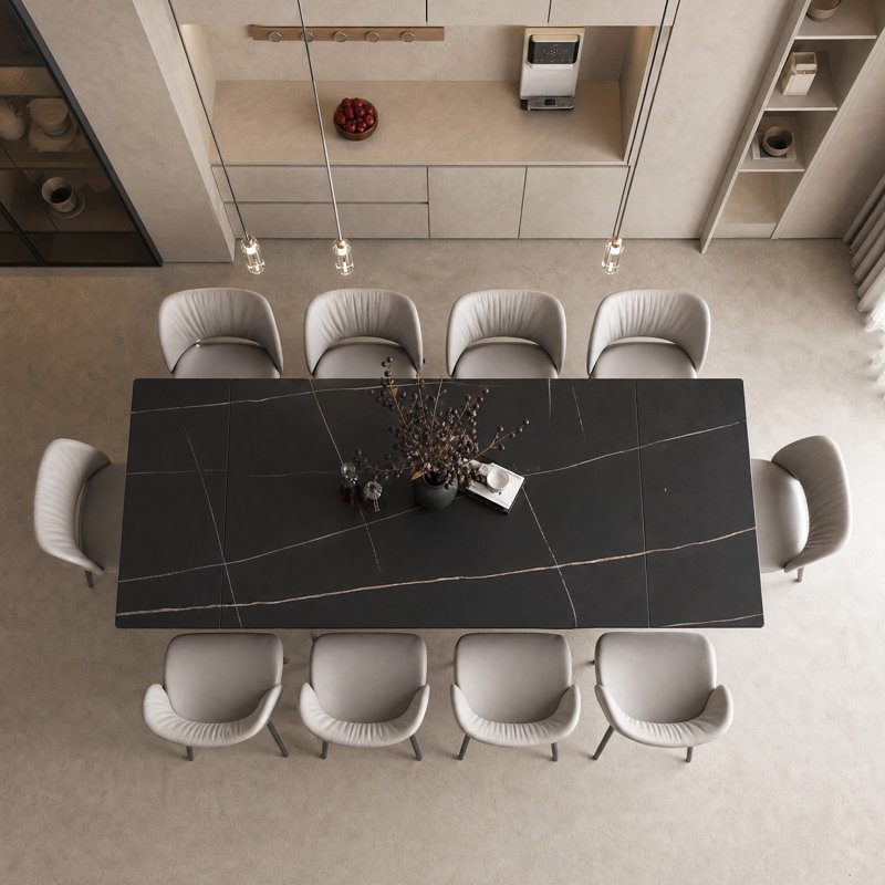 11-Piece Modern Extendable Dining Set, 94.5" Black Marble Look Table with 10 Grey Upholstered Chairs, Tapered Legs, Black