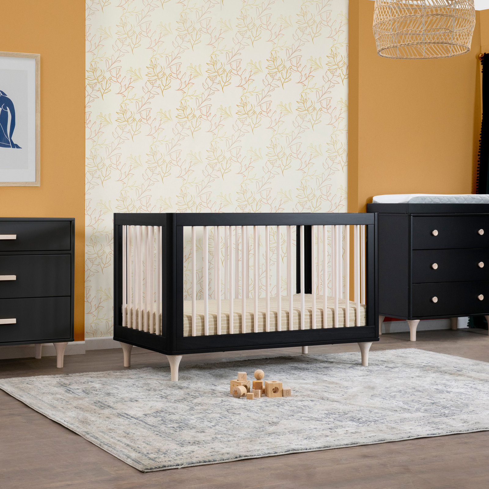 Lolly Pine 3-in-1 Convertible Crib, Black/Washed Natural