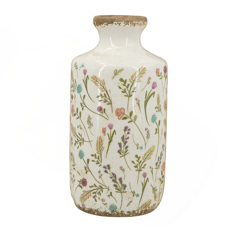 Ceramic Cylinder Vase With Multi-Colored Floral Motifs, 10.6" H x 5.3" W x 5.3" D