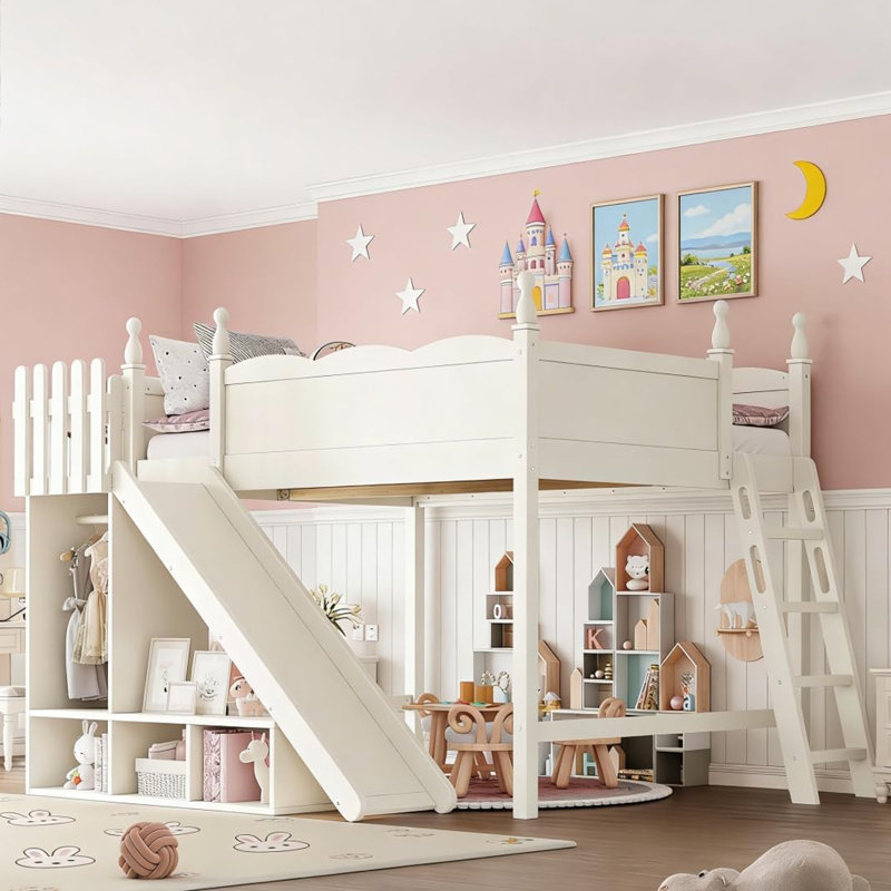 Grand lit mezzanine avec glissade et rangement, structure en bois massif avec garde-robe et garde-corps de sécurité, pas de sommier tapissier, finition beige