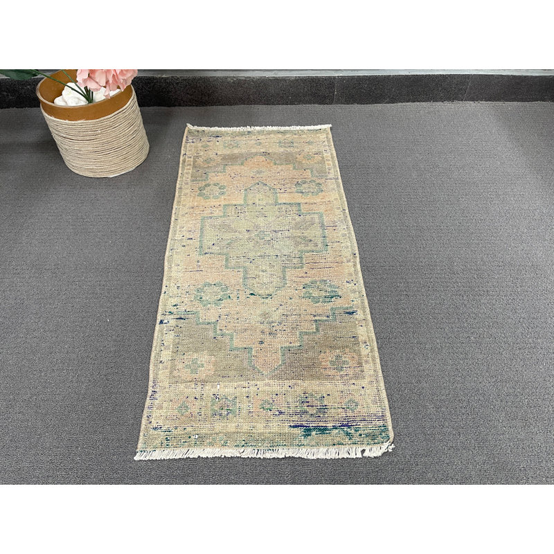 Tapis en laine beige 15,7 x 34,6 po, motif géométrique moderne rétro traditionnel