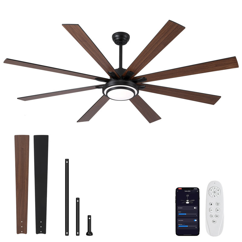 Oversized 72'' - 8 Blades Modern Smart Black Ceiling Fan with Dimmable LED Light and Remote Control