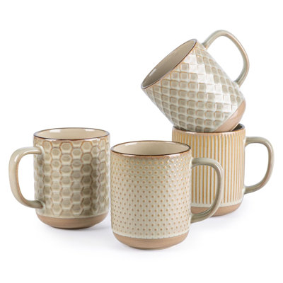 Grandes grandes tasses à café, ensemble de 4 tasses à café en grès fait à la main avec une grande poignée, allant au lave-vaisselle et au micro-ondes, ensemble de 4 (kaki pâle)