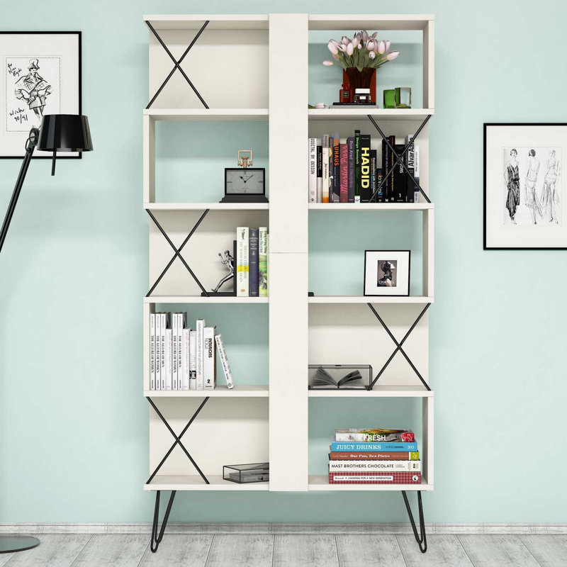 Bibliothèque moderne crème avec de nombreuses tablettes, 35,4 x 65,9 x 8,7 pouces | 100% panneau de particules enduit de mélamine, épaisseur: 0,7 pouce | Conception murale, solution de rangement industrielle élégante