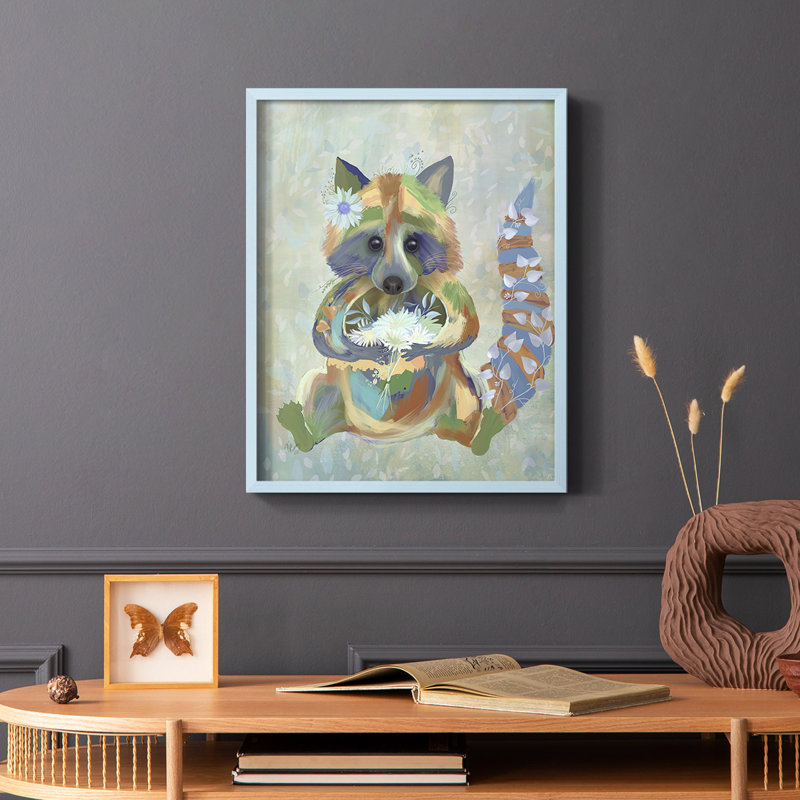 Fantastic Florals Raccoon, reproduction encadrée - bois massif, Bleu, H 10 po x l 8 po
