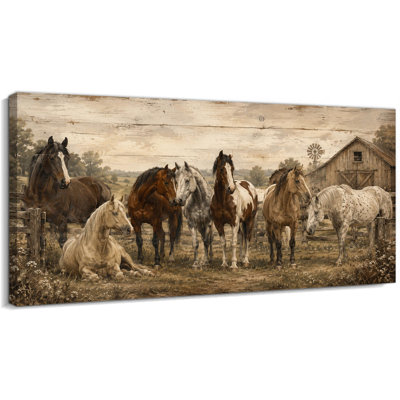 Art mural de chevaux sauvages CXVU, décor de toile de cheval rustique, peinture d'animal de ferme de grange, reproduction de galerie pour salon chambre bureau 12 x 24 po
