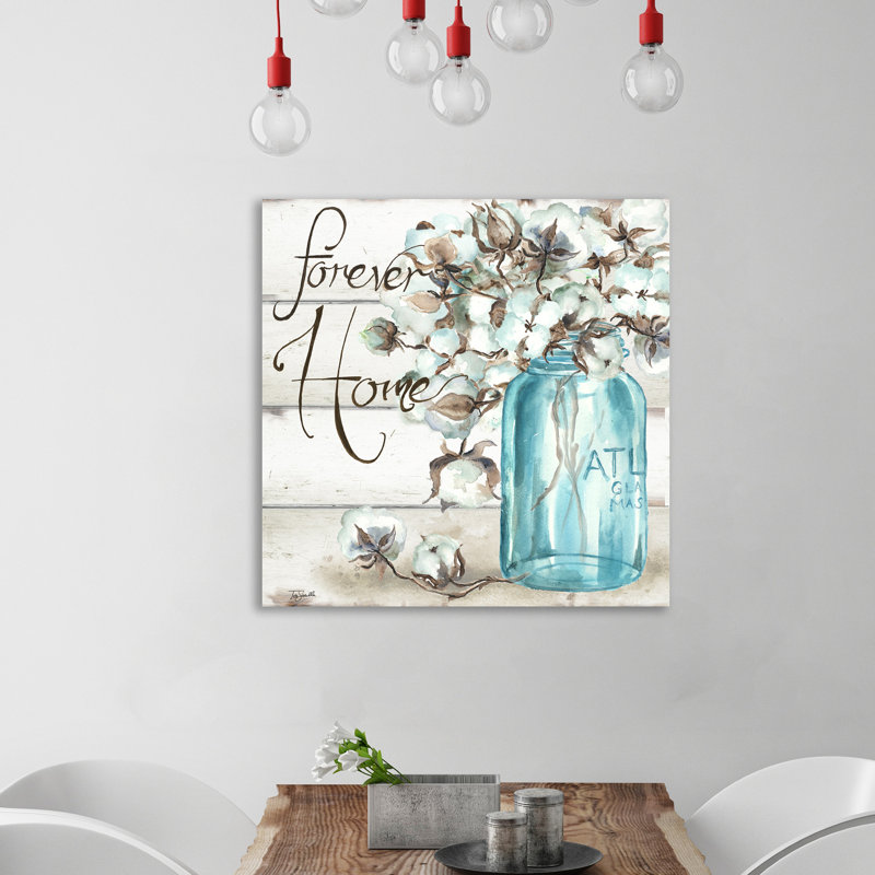 «Cotton Boll Mason Jar II Home» par Tre Sorelle Studios - Art textuel sur toile tendue, H 30 po x l 30 po x P 1,5 po