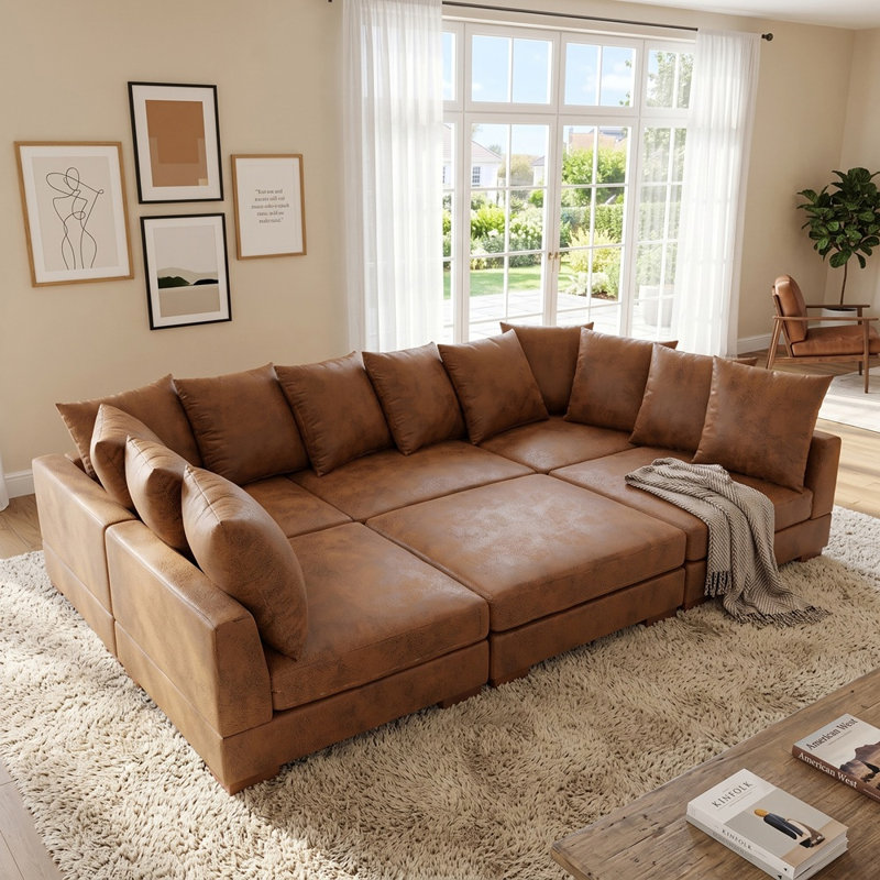 Bonsell Corduroy L-Shaped Sectional, Brown Faux Leather