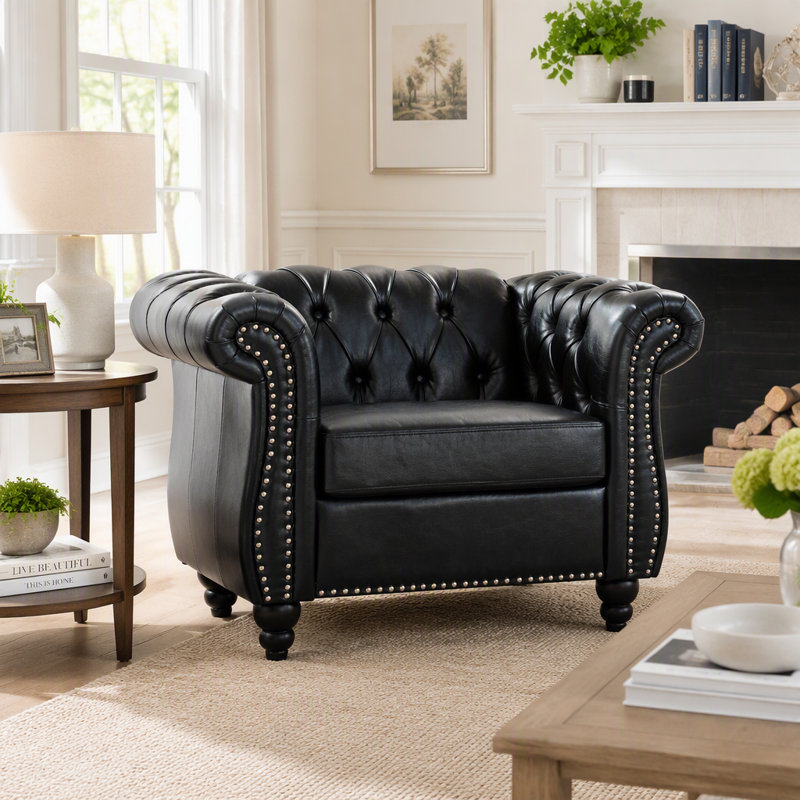 Fauteuil capitonné Chesterfield, Similicuir noir, Noir