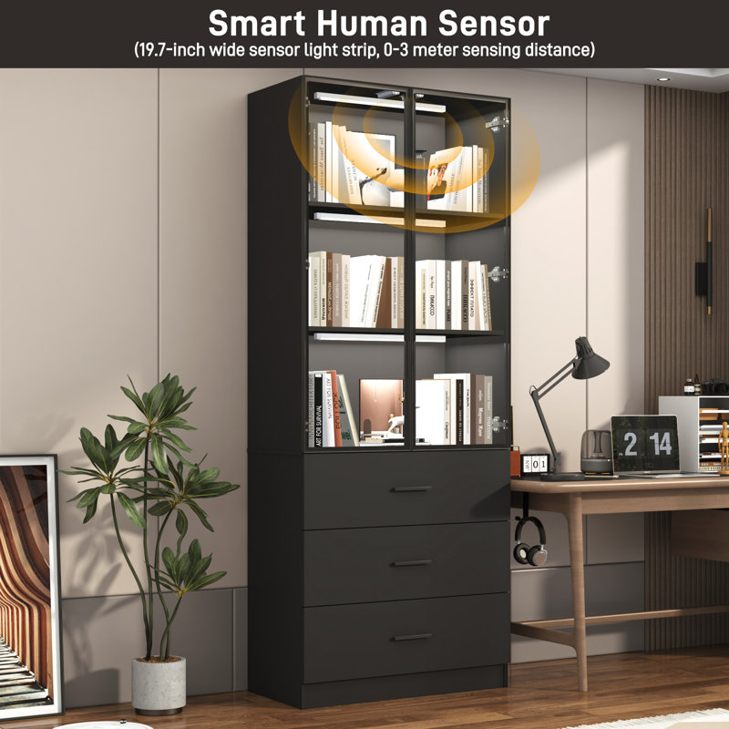 79"H Glass Display Cabinet With Sensor Light And 3 Drawers For Home And Office, Black