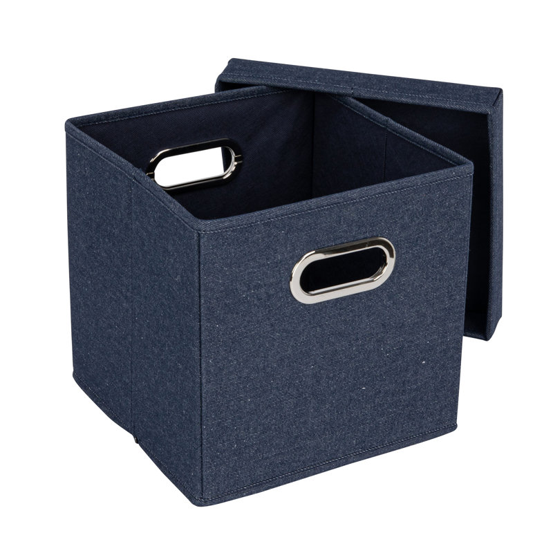 Denim Blue Cotton Blend Collapsible Cube Storage Box with Metal Handles