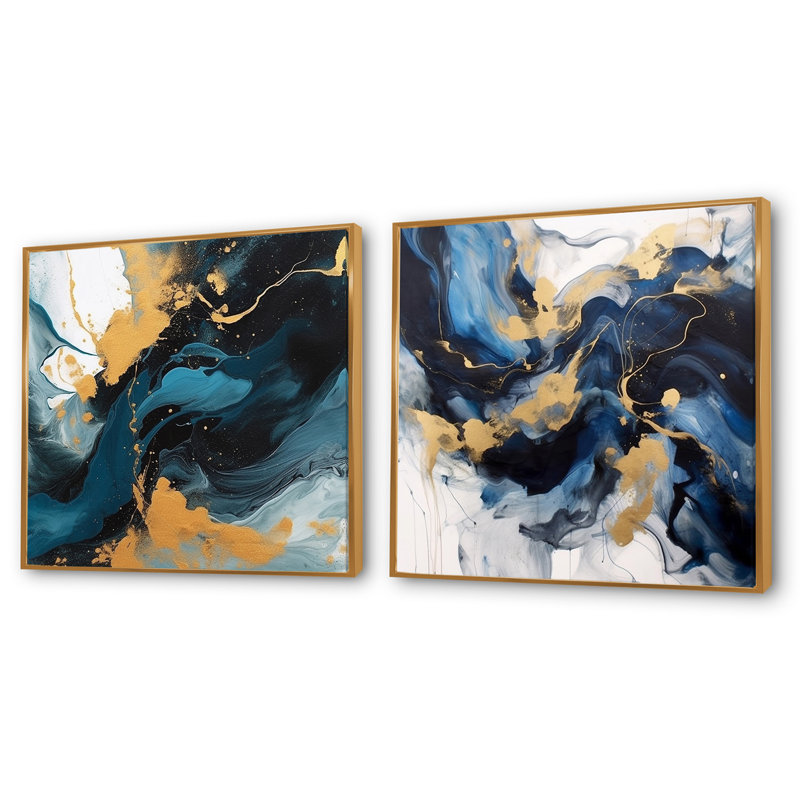 Ensemble de 3 fractales carrées de style fractal bleu foncé et doré, Cadre flottant doré, H 16 po x l 33 po