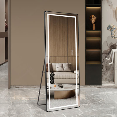 Miroir vertical pleine longueur 64 po x 21 po avec lumière DEL, miroir de sol illuminé avec support, miroir mural avec cadre mince en alliage d'aluminium pleine longueur, noir