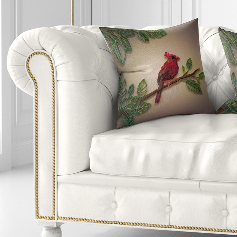 Red Paper Quilling of Cardinal Bird - Floral Printed Pillow, 16" x 16", Throw Pillow