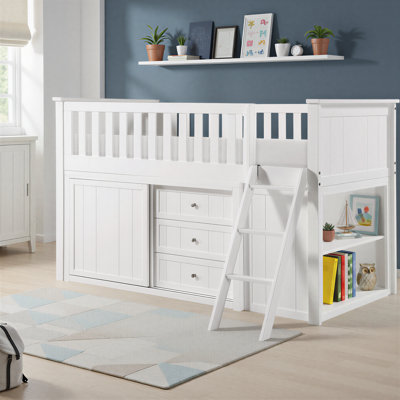 Kobielus Transitional Wood Low Loft Bunk Bed with Integrated Bookcase, Dual Dressers & Foundation-Free Design