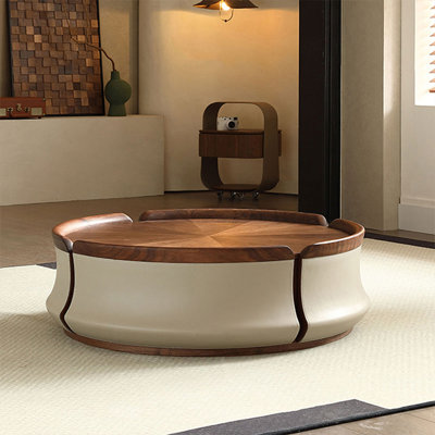 Table basse ronde en bois massif crème et blanc noisette
