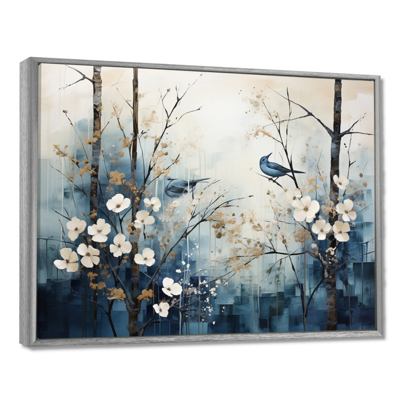«Blue and White Forest Winter Harmony I», art mural sur toile, H 16 po x l 32 po x P 1 po, Encadrement argenté