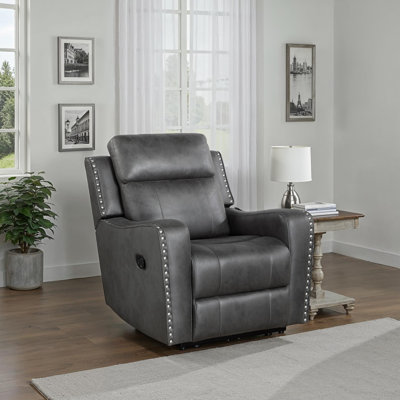 Jacopo 36.5" Traditional Polished Microfiber Reclining Chair with Nailhead Trim, Pull-Handle Recline & Dacron Wrapped Foam