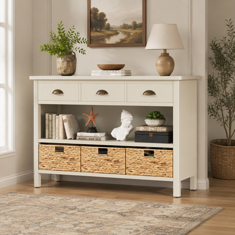 Console rétro avec 3 tiroirs et paniers tissés, table d'entrée en bois blanc antique pour le couloir et le salon