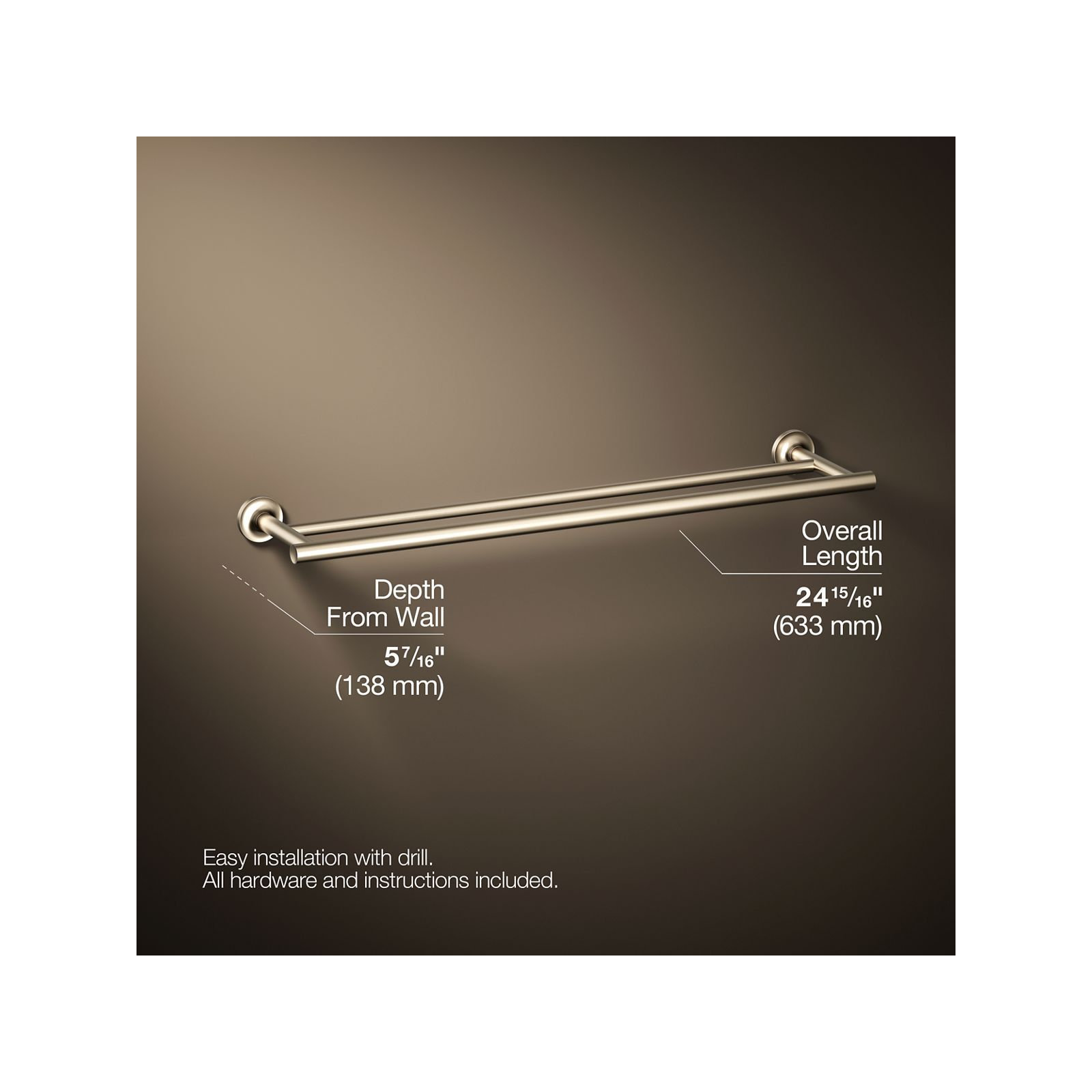 Purist Double 24" Wall Mounted Towel Bar, Vibrant Brushed Bronze