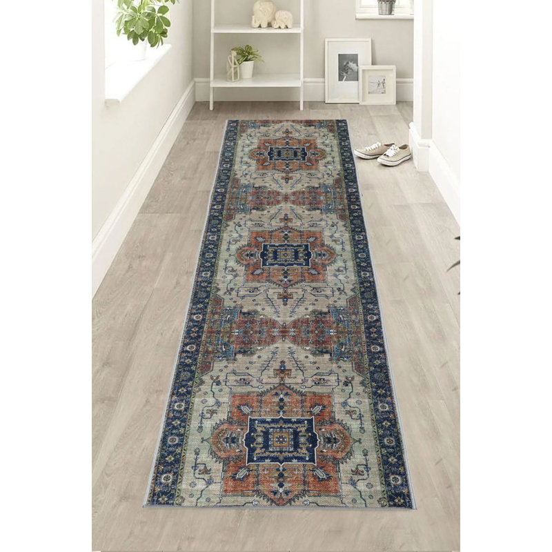 Anti Slip Low Profile Vintage Multicolor Design Canvas Backing Runner Rug, Runner 2'2" x 5'
