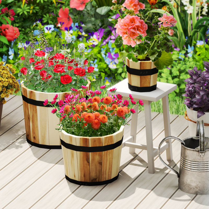 Outdoor Wooden Planter Box Set of 3 w/ Drainage Holes for Flower Herb Shrub
