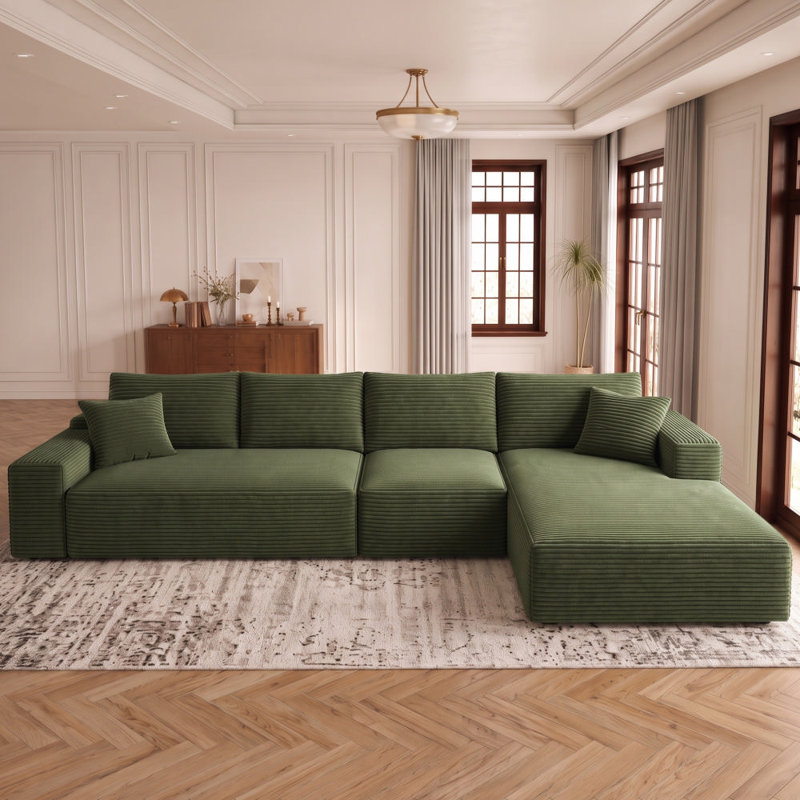 Canapé modulaire 135,4 po pour salon modulaire en L en velours côtelé rembourré à compression, Velours côtelé vert