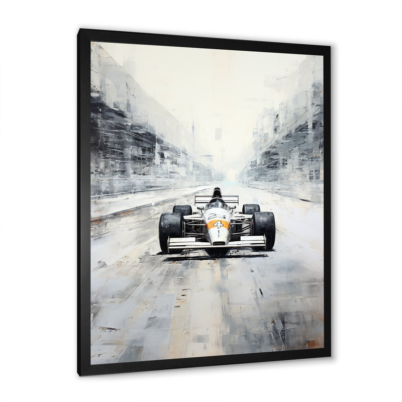 Gris, voiture de course rétro III, art mural, H 32 po x l 24 po x P 1 po, Cadre simple noir