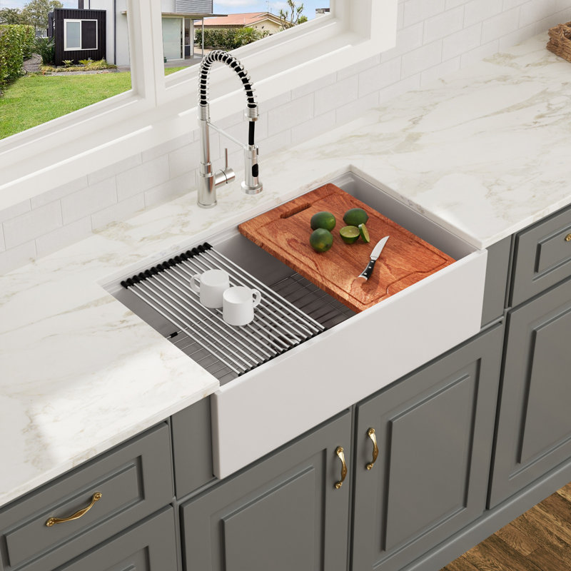 33" L X 20" W Farmhouse Kitchen Sink Workstation Sink White Ceramic Kitchen Sink Single Bowl Sink