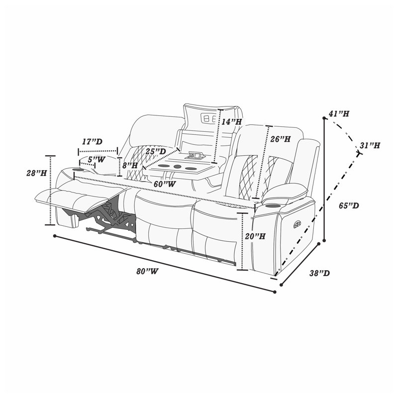Canapé inclinable électrique Kanepe en similicuir, 203 cm (L) x 97 cm (P) x 104 cm (H)