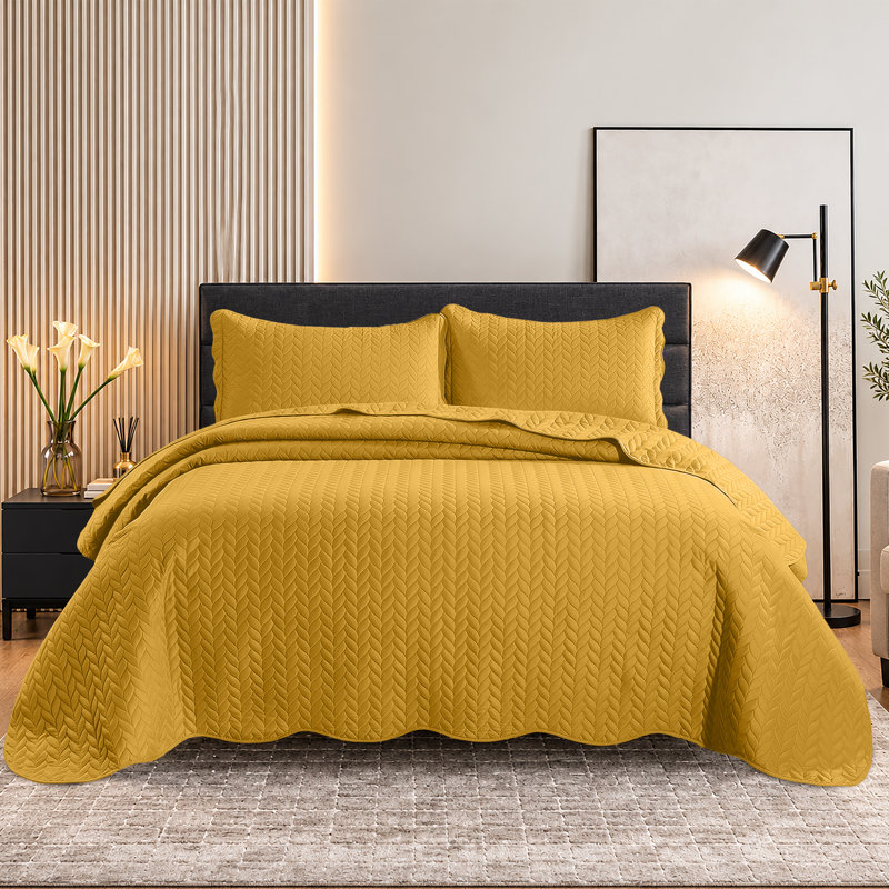 Ensemble de couvre-lit en microfibre embossée - Ensemble de literie moderne et léger avec taies décoratives, Ocre