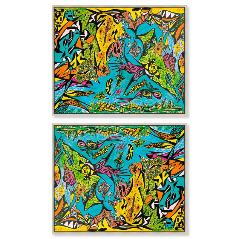Undersea Set Canvas Set of 2 Graffiti Abstracts by , Encadrement argenté, H 16 po x l 20 po