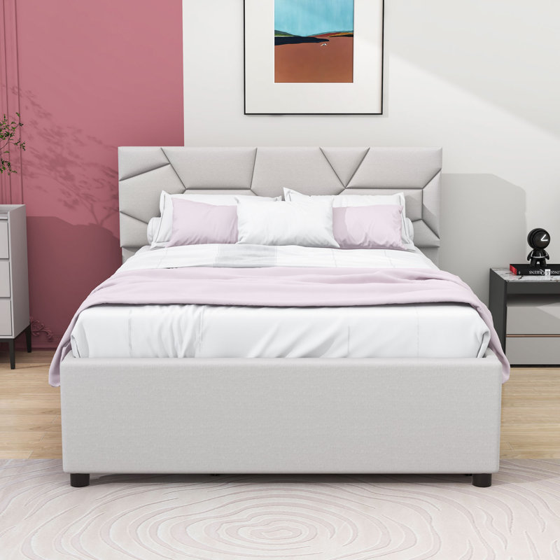 Lit plateforme tapissier pleine grandeur avec lit gigogne simple et tête de lit à motif brique, Beige