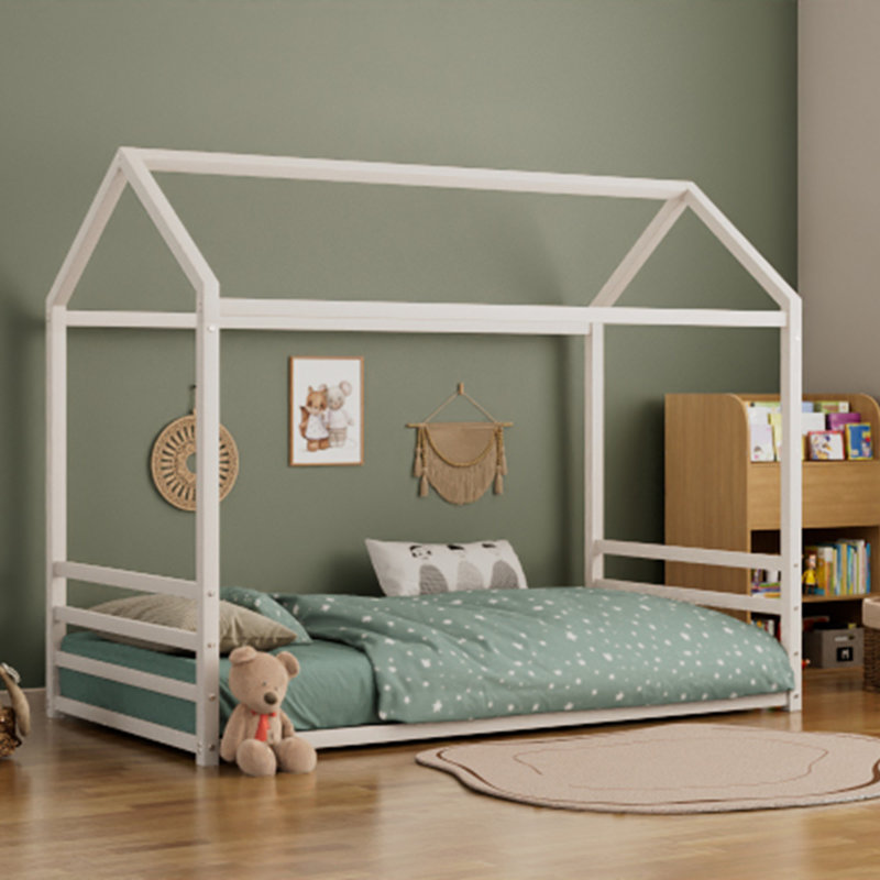Montessori Style Metal Floor Bed Frame, House Shaped Bed with Guardrails, No Slats, Twin, White