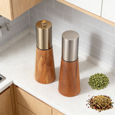 Ensemble de moulins à poivre en bois de qualité supérieure et bouteilles d'assaisonnement avec noyau en céramique réglable, corps en acier inoxydable 304 pour la cuisine et le barbecue