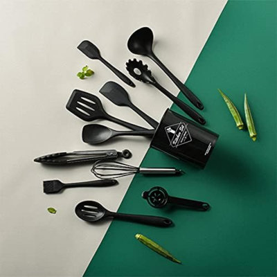 Ensemble d'ustensiles de cuisine noirs - 12 pièces en silicone | Spatules résistantes à la chaleur (jusqu'à 200 °C) compatibles avec le lave-vaisselle | Idéal pour les poêles antiadhésives | Support inclus