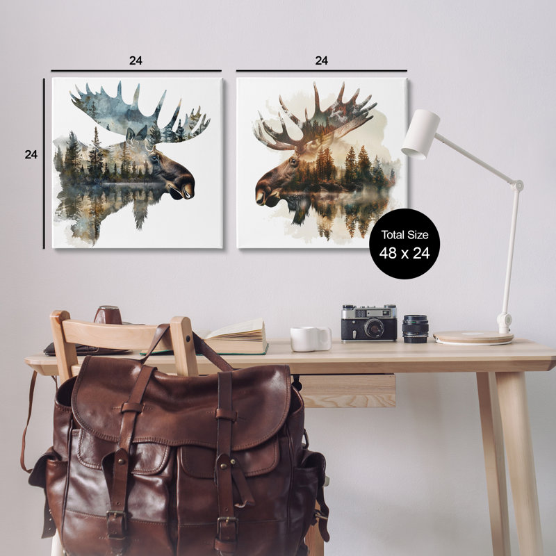 "Woodland Moose Forest Silhouettes", ensemble de 2 toiles murales par LSR Design Studio, H 24 po x l 24 po