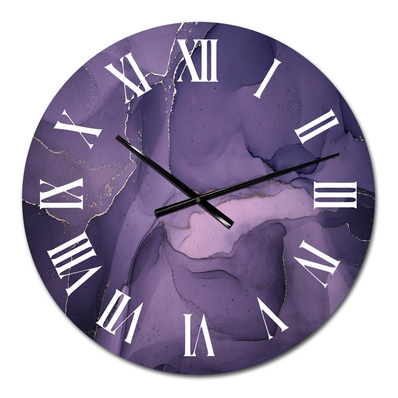 Horloge murale moderne mauve et gris avec nuages d'encre de marbre II, Petit