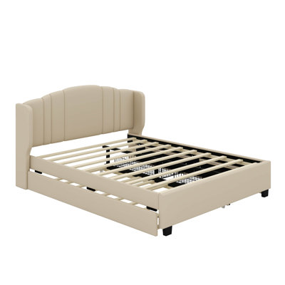 Grand lit plateforme tapissier avec tête de lit à oreilles, lit gigogne et tiroirs