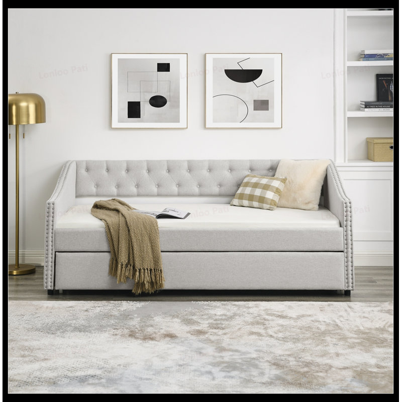 Twin Size Daybed with Trundle, Upholstered Tufted Sofa Bed, Button Back, Copper Nail Waved Arms, Perfect for Guest Rooms and Small Spaces