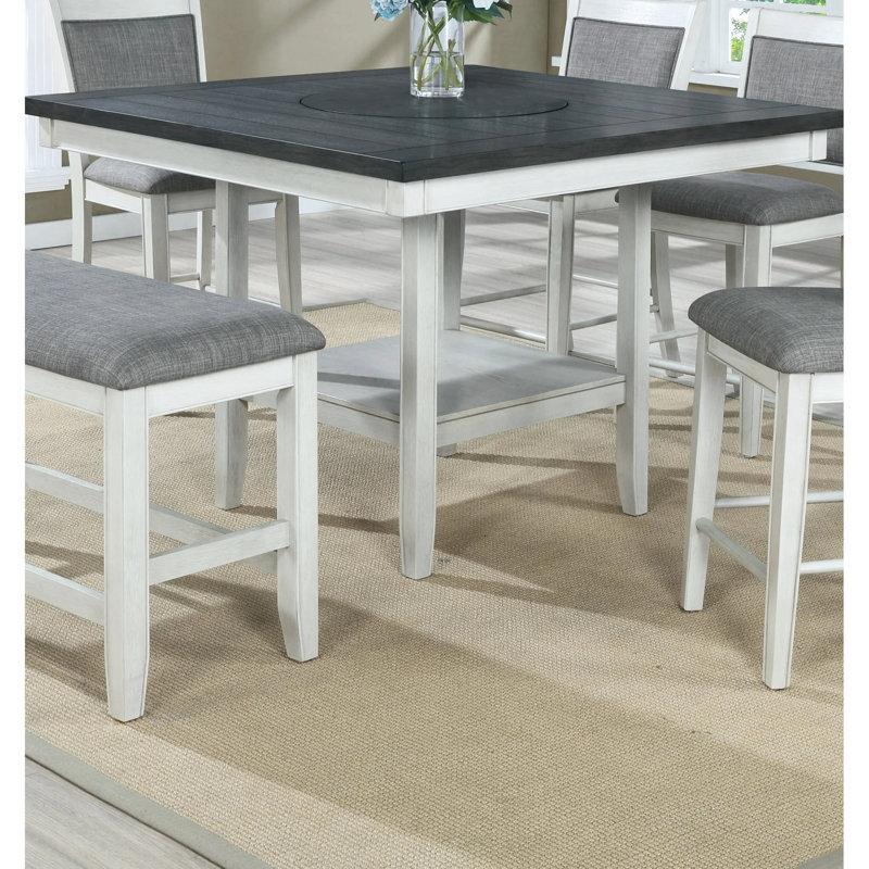 Table de salle à manger carrée avec paresseux 20 po, finition gris craie, fabrication en bois massif, option de rangement sous la tablette, table contemporaine, rotation, placages, plateau, boîte