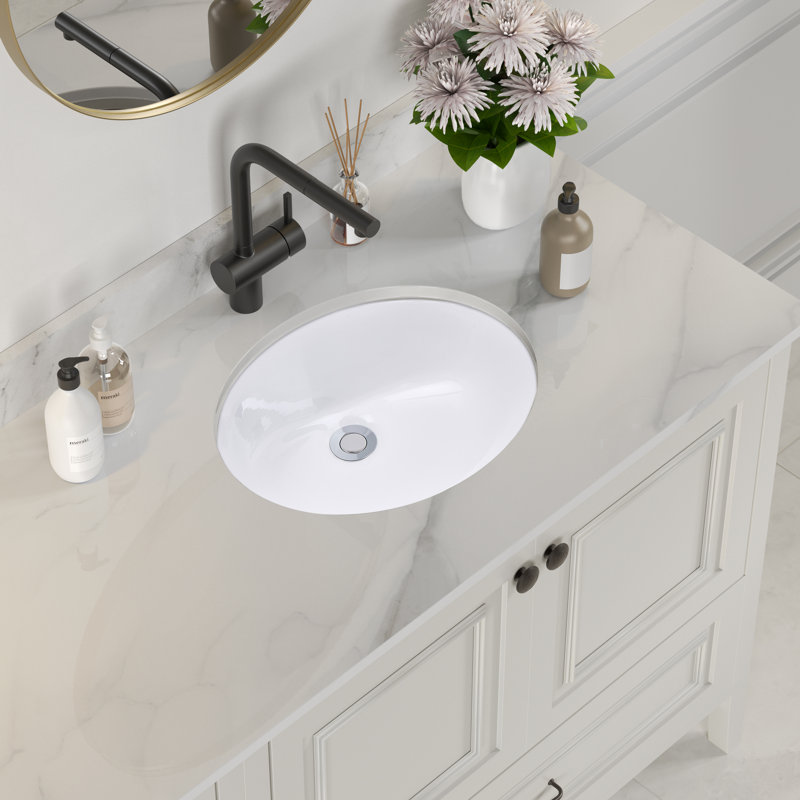 Lavabo de salle de bain ovale encastré en céramique avec trop-plein Rhyth Series, Blanc