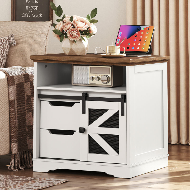 Ensemble de 2 tables de bout Brisson l 23,6 po avec station de charge, table d'appoint avec 2 tiroirs et porte de grange, table de chevet en bois pour chambre à coucher et salon Brisson