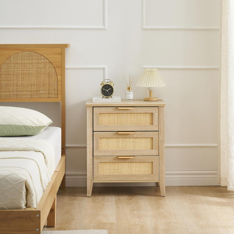 Nightstand, Rattan End Table, Rattan Nightstand Boho Cabinet With 3 Natural Rattan Drawers