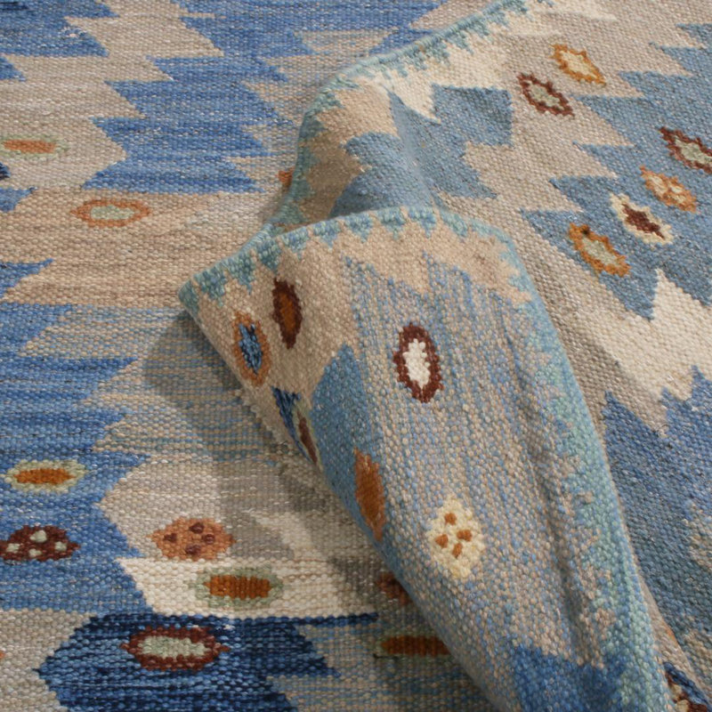 Rug & Kilim’S Scandinavian Geometric Beige Brown And Blue Wool Rug, Rectangle 10' x 14'