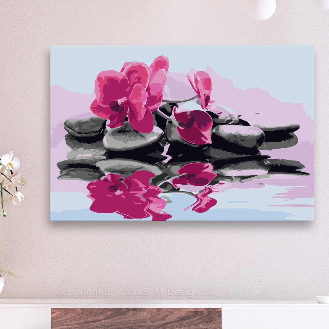 Leinwandbild Orchidee mit Zen-Steinen (Spiegelung im Wasser)